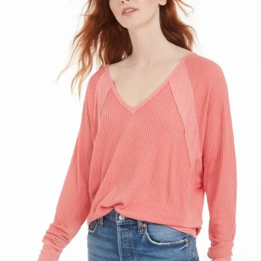 Free People Prairie Rose Pink Santa Clara Thermal V-neck Top Medium OB967840